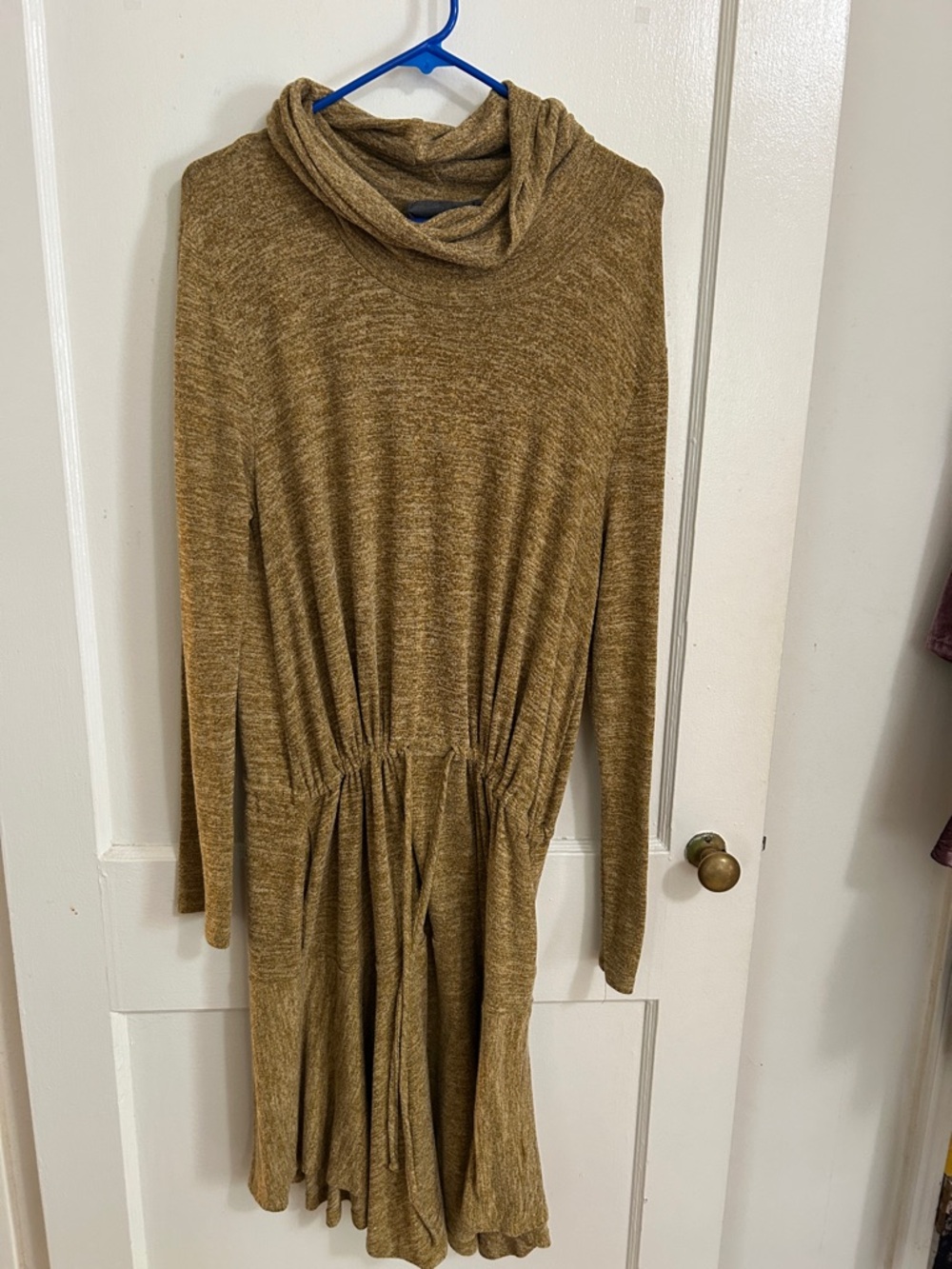 Anthropologie Long Sleeve Cowl Neck Knit Dress in Mustard Brown